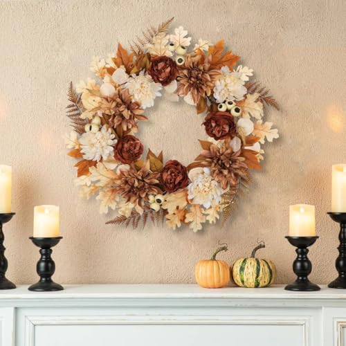 24-Inch Artificial Fall Wreath for Front Door, Autumn Floral Thanksgiving Decor