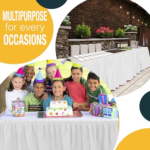 Disposable White Plastic Table Skirts, 14ft Adhesive Table Wrap, 6 Pack