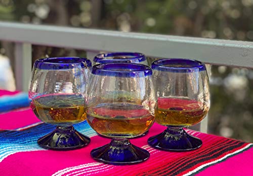 Mexican Hand Blown Cognac Snifter Glasses Set of 4 - Blue Rim, Eco-Friendly, Handmade