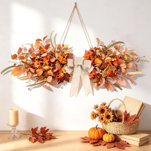 24-Inch Fall Teardrop Swag with Burlap Bow Artificial Autumn Floral Decor
