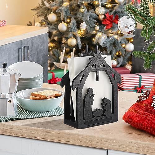 Barydat Christmas Nativity Napkin Holder – Wooden Tabletop Dispenser, Black (Nativity Style)
