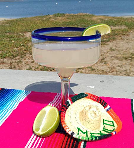 Set of 4 Mexican Hand Blown Margarita Glasses - Cobalt Blue Rim, 14 oz