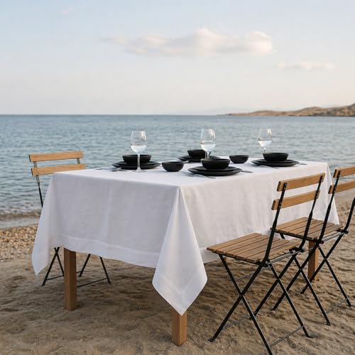 Solino Home 100% Linen White Rectangular Tablecloth 60 x 84 Inches