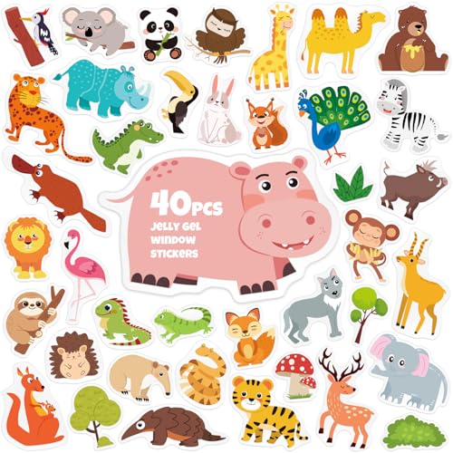 40 Animal Window Clings - Safari Wildlife Jelly Stickers for Kids