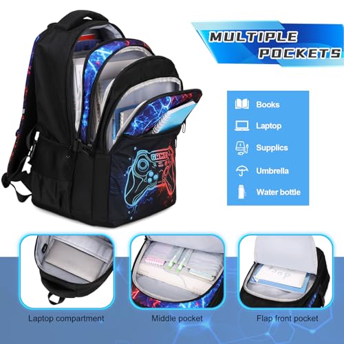 Boys Luminous Gamer School Backpack 3-Piece Set with Lunch Box & USB Port