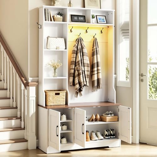 39-Inch Hall Tree with Bench and Shoe Storage, Entryway Coat Rack with LED Light