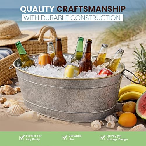 Galvanized Metal Beverage Tub with Handles - 4 Gallon Ice Bucket for Beer Wine Party