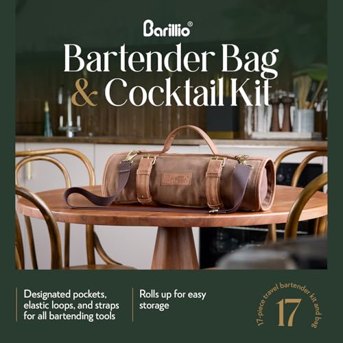 Barillio Brown Silver Waxed Canvas Travel Bartender Kit with 17-Pc Cocktail Set