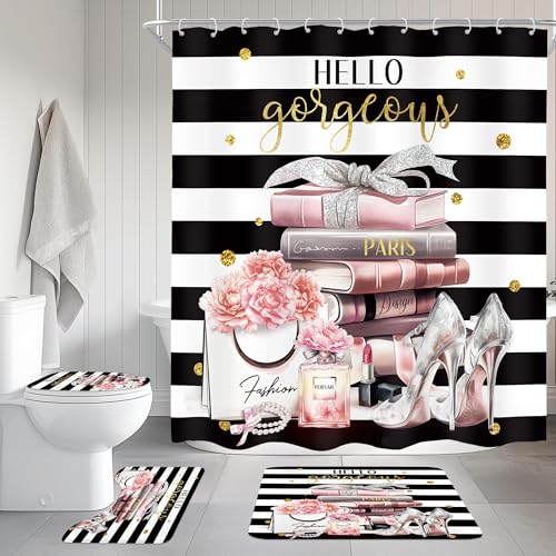 4-Piece Girly Bathroom Shower Curtain Set with Rugs and Hooks