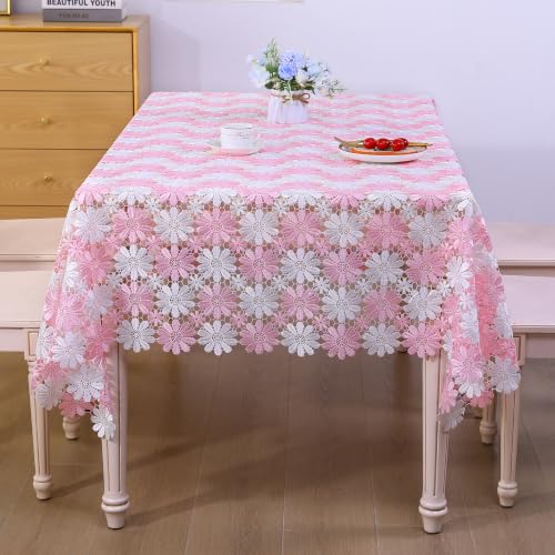 Pink Crochet Tablecloth 60x60 inches Farmhouse Floral Lace Cover for Round or Square Table - Pink-White