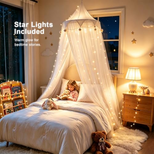 Princess Bed Canopy with Star Lights - Breathable Mesh for Kids Bedroom