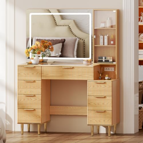 Modern Makeup Vanity Desk with Mirror, Lights, 8 Drawers and Power Outlet