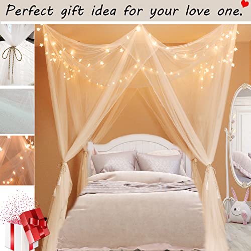 White Princess Bed Canopy with Warm White LED Star Lights & Remote