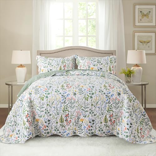 HoneiLife Queen Floral Quilt Set - 3 Piece Reversible Microfiber Coverlet