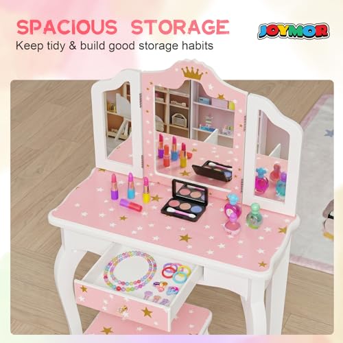 Kids Vanity Table and Chair Set with Folding Mirror and Storage Drawer