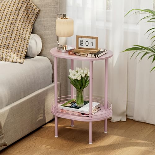 2-Tier Oval End Table with Storage, Small Pink Side Table for Bedroom