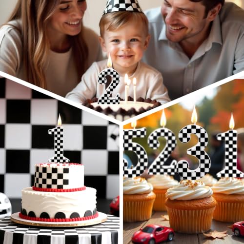 Racing Car Birthday Candle - Black & White Checkered Cake Topper
