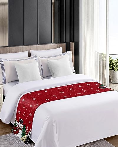 DecorLovee 83x20 Red Snowman Christmas Bed Runner for Queen Bed Winter Decor