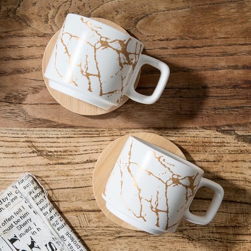 LUKA White Marbling Porcelain Espresso Cup & Saucer Set with Metal Stand - 4oz Stackable Demitasse Coffee Mugs for Latte, Tea, Mocha - Set of 4