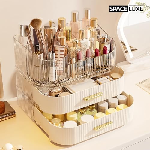 SpaceLuxe Cream White 3-Layer Rotating Makeup Organizer with Drawers