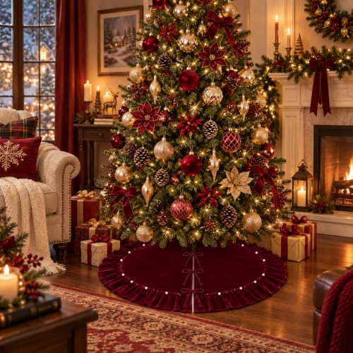 59 Inch Burgundy Velvet Christmas Tree Skirt with Pearl Trim Edge & Bow Ties (150 cm) – AtiMing, Burgundy with Pearl