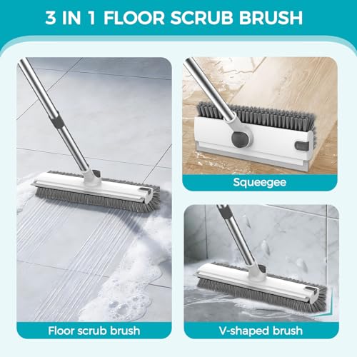 3-in-1 Floor Scrub Brush with Squeegee & 54-Inch Adjustable Long Handle