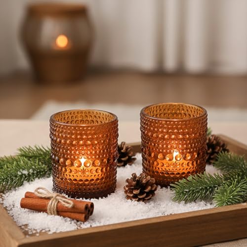 12 Pack Amber Glass Votive Candle Holders, Vintage Tealight Holders