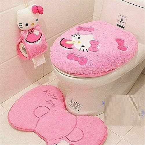4-Piece Pink Cartoon Cat Bathroom Set: Non-Slip Bath Mat & Toilet Cover