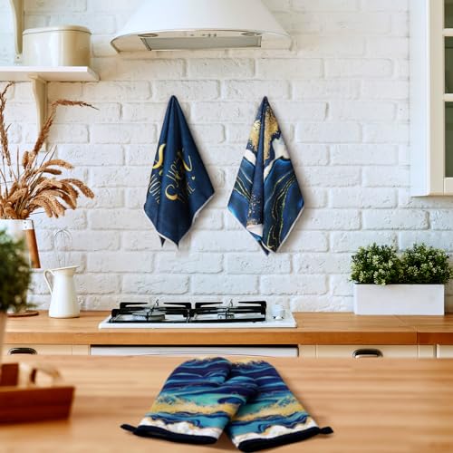 6-Piece Blue Marble Kitchen Set: Oven Mitts, Pot Holders, and Dish Towels