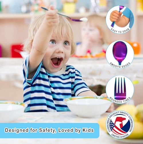 12-Piece Stainless Steel Kids Silverware Set - Toddler Safe Flatware with Rainbow Finish
