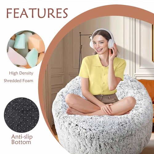 Plush Faux Fur Memory Foam Bean Bag Chair - Grey Soft Lounge Sofa