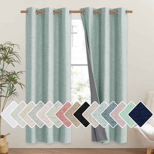 100% Blackout Linen Curtains, Seafoam Green, 42" x 72", Energy Saving, 2 Panels