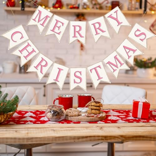 Pink Christmas Burlap Banner 2-Pack Festive Hanging Garland Holiday Decor