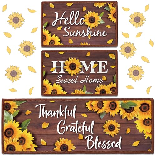 3-Piece Sunflower Kitchen Rug Set - Non-Slip Washable Farmhouse Floor Mats