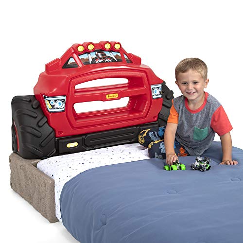 Monster Truck Twin Bed Headboard for Kids with Toy Car Storage - Red
