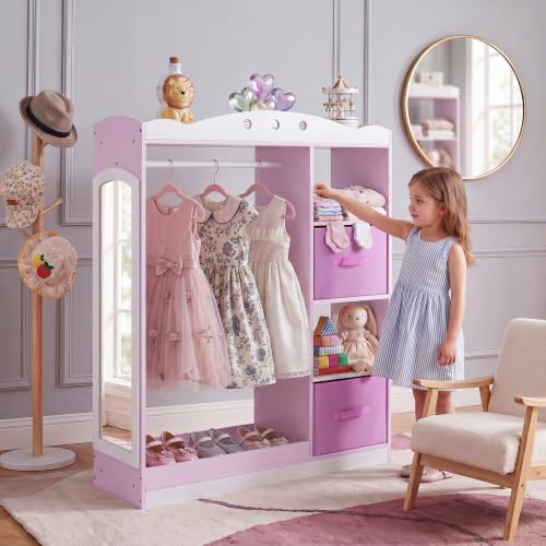 Kids Dress Up Storage Wardrobe with Mirror, Pink Toddler Costume Closet