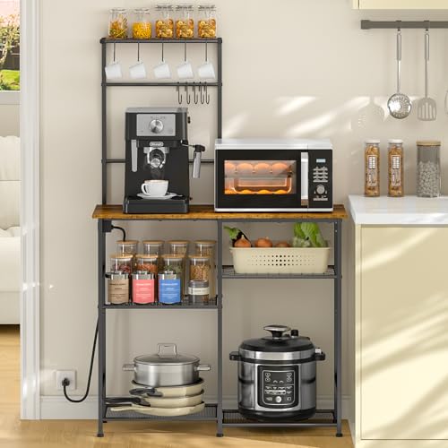 6-Tier Bakers Rack with Power Outlet, Microwave Stand, 10 Hooks - Rustic Brown
