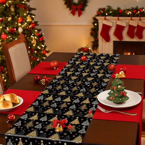 GPGHE 13'' x 120'' Christmas Table Runner Black & Gold, 13x120 Inch Holiday Decor
