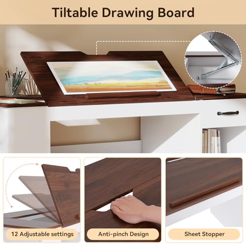 55.1" Tiltable Drafting Table with Storage, Drawer, and Power Outlets