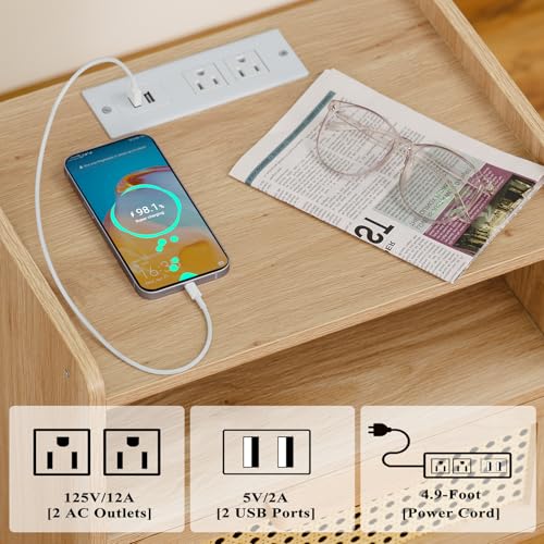 Rattan Nightstand with Charging Station, Boho Side Table with Drawer