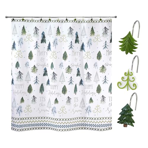 Avanti Linens Christmas Shower Curtain Set 72x72 in Multi Color with 12 Hooks