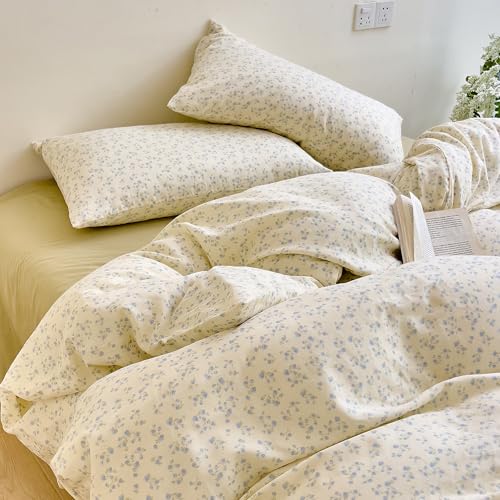Blue Floral Twin XL Duvet Cover Set, Soft Cotton Double Gauze Bedding