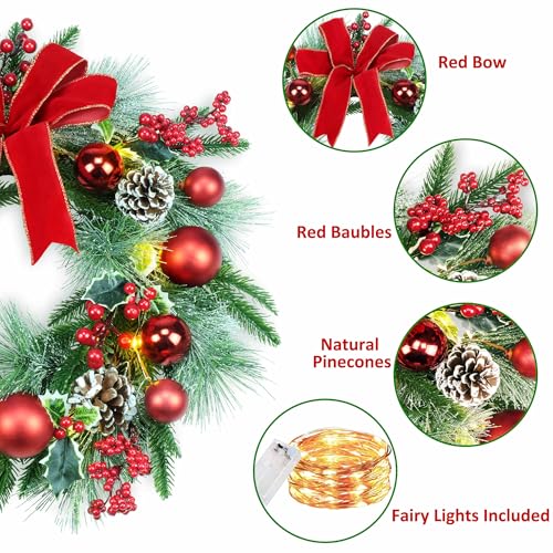 20-Inch Pre-Lit Christmas Wreath with LED Fairy Lights & Red Ornaments