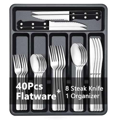 49-Piece Stainless Steel Flatware Set for 8 with Steak Knives and Organizer