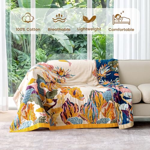 Boho 100% Cotton Throw Blanket - Soft Lightweight Woven Quilt for Couch & Bed
