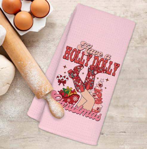 Pink Deep Pink Have a Holly Dolly Cowgirl Christmas Kitchen Towels 16x24 - YTRGI