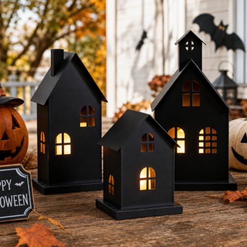 3-Piece Halloween Haunted House Village Set with LED Candles, Black Iron