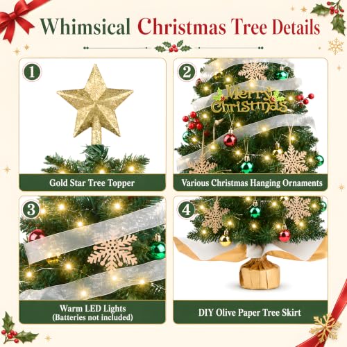 HOMDAILY 2ft Mini Christmas Tree with Lights - Green Tabletop Holiday Decor