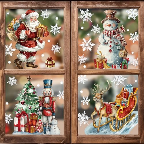 Christmas Window Clings 6 Sheets Santa Claus Snowman Nutcracker Reindeer Snowflake PVC - Reusable