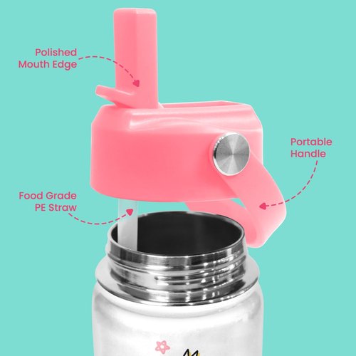 Flamingo Water Bottle - Kids Water Bottle with Straw Lid - 12 Oz Insulated Stainless Steel Water Bottles for Kid Girls - Travel Cup for School Sports